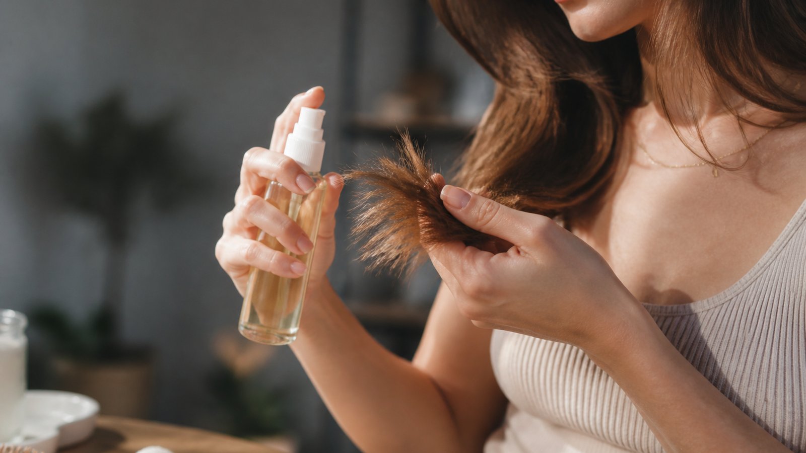 Leave-in split end repair serum beside smooth hair ends