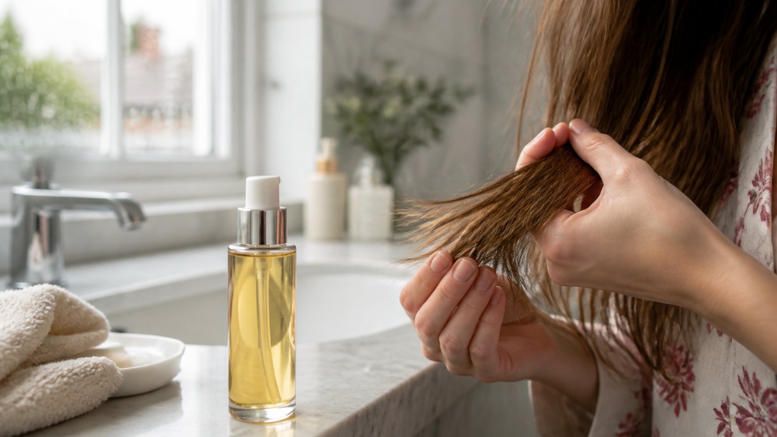 Hair serum bottle on a UK bathroom vanity after washing