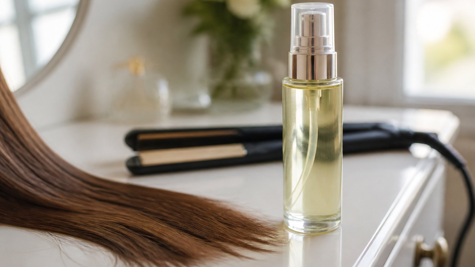 Leave-in serum on a vanity beside smoothed heat-styled ends