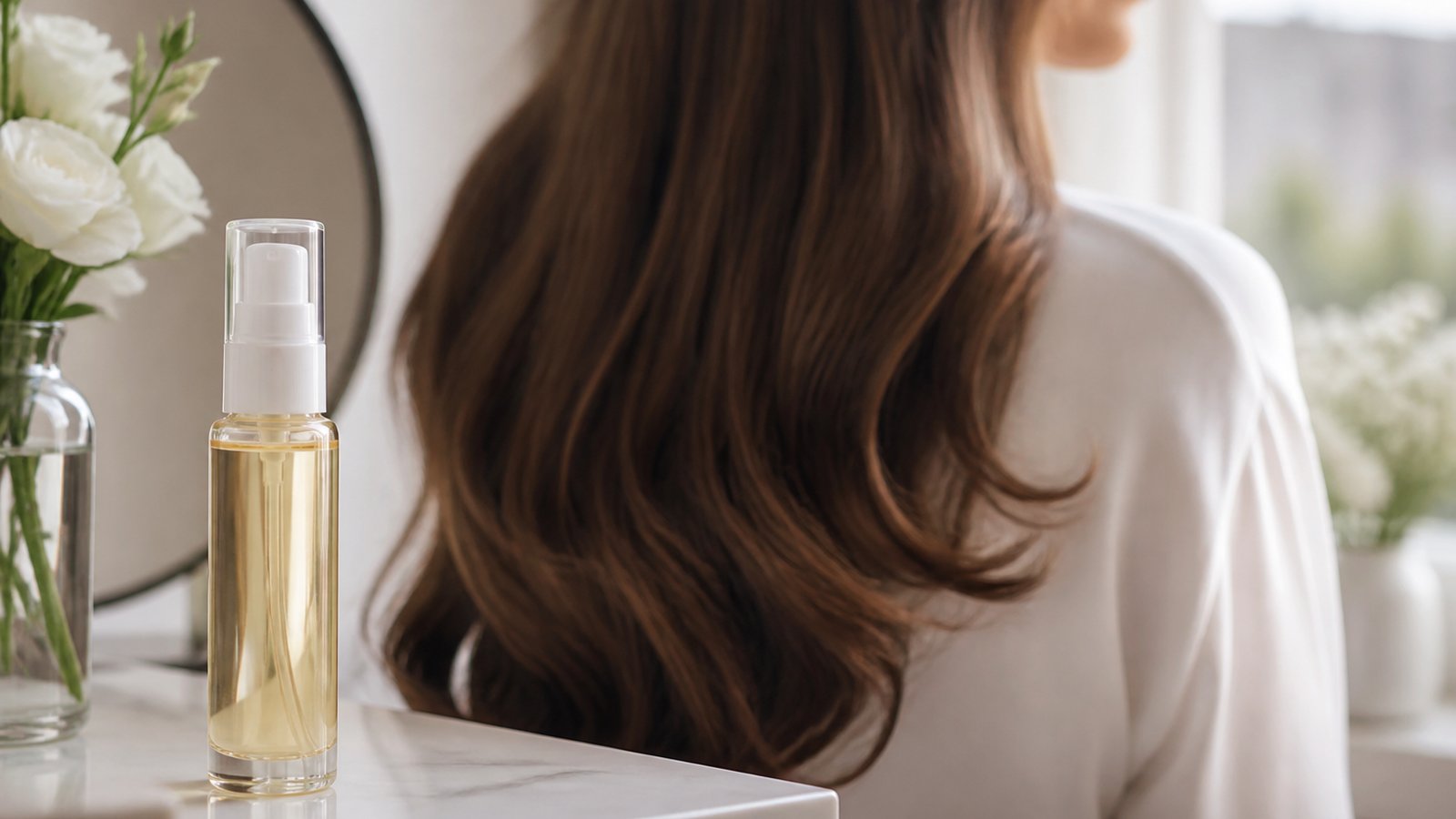 Serum bottle beside smooth long hair ends for bridal prep
