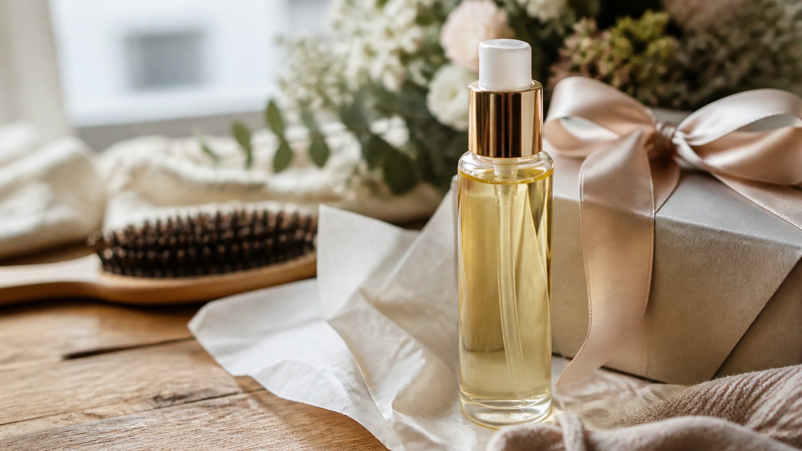 Gift-ready leave-in hair serum bottle on a wooden table