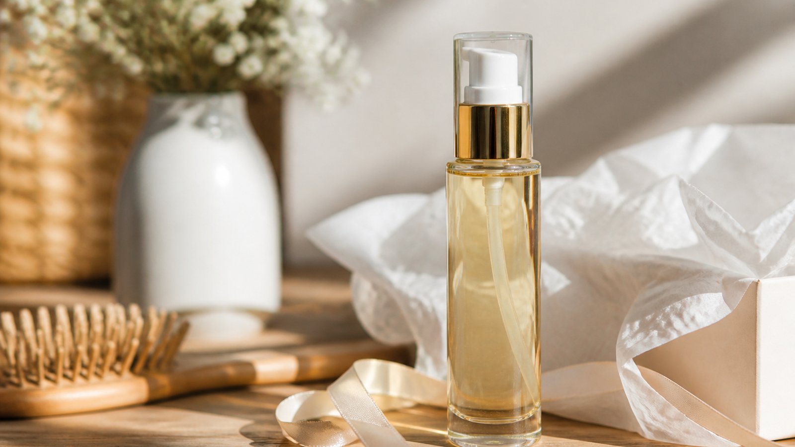 Gift-ready leave-in hair serum bottle on a wooden table