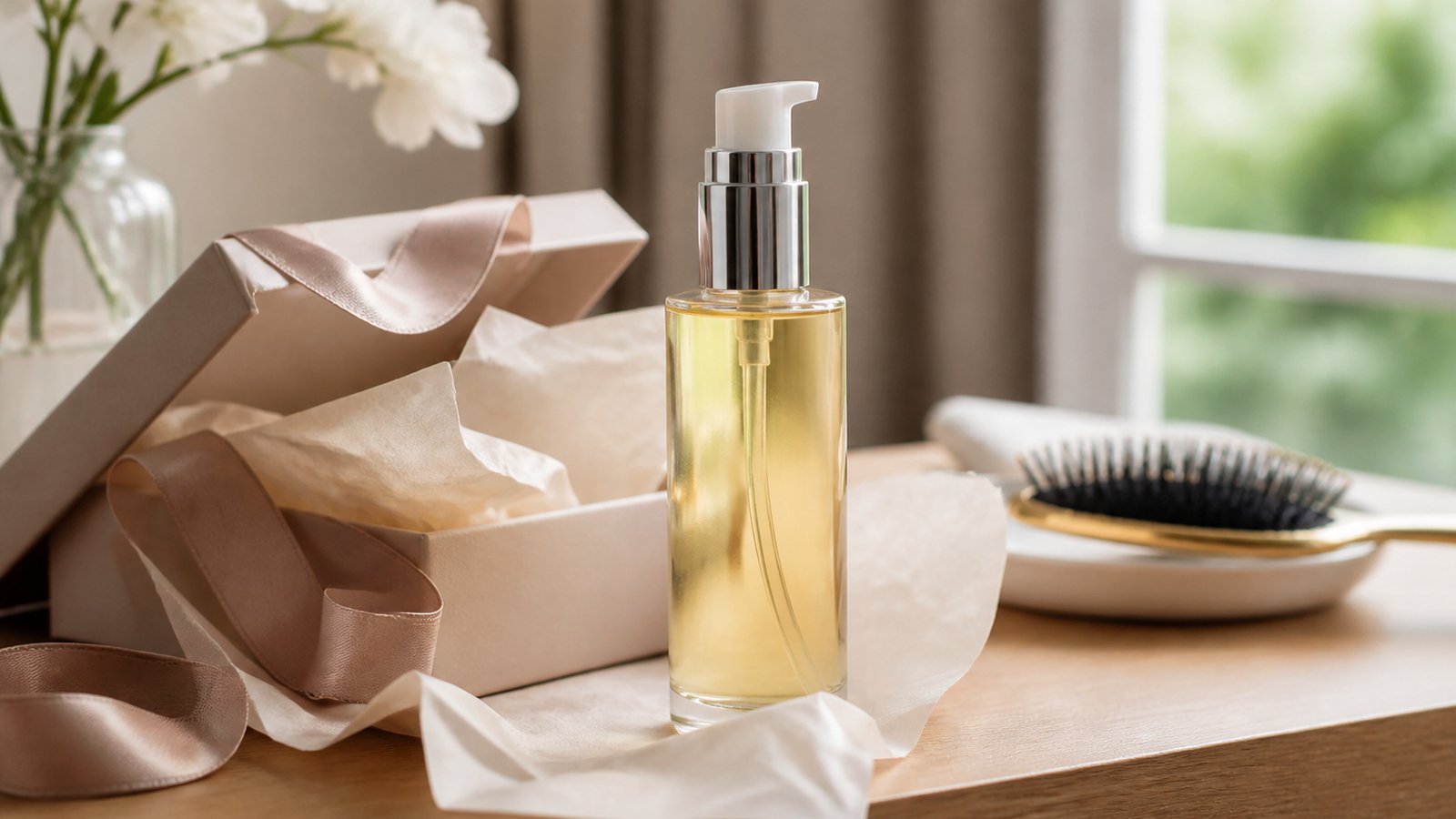 Gift-ready leave-in hair serum bottle on a wooden table