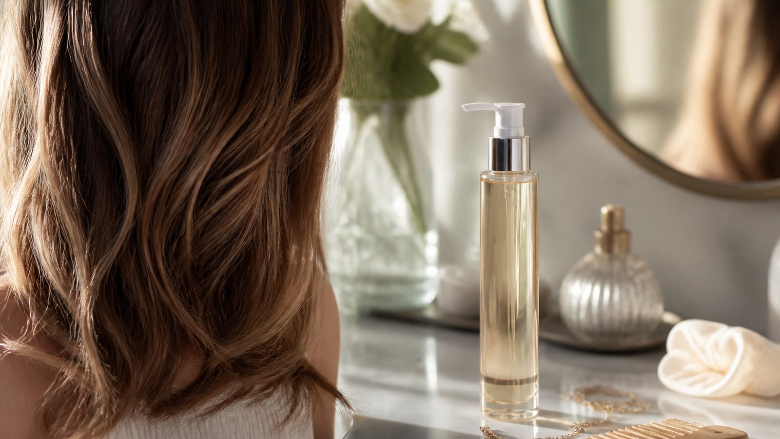Long hair ends with leave-in serum for length between trims
