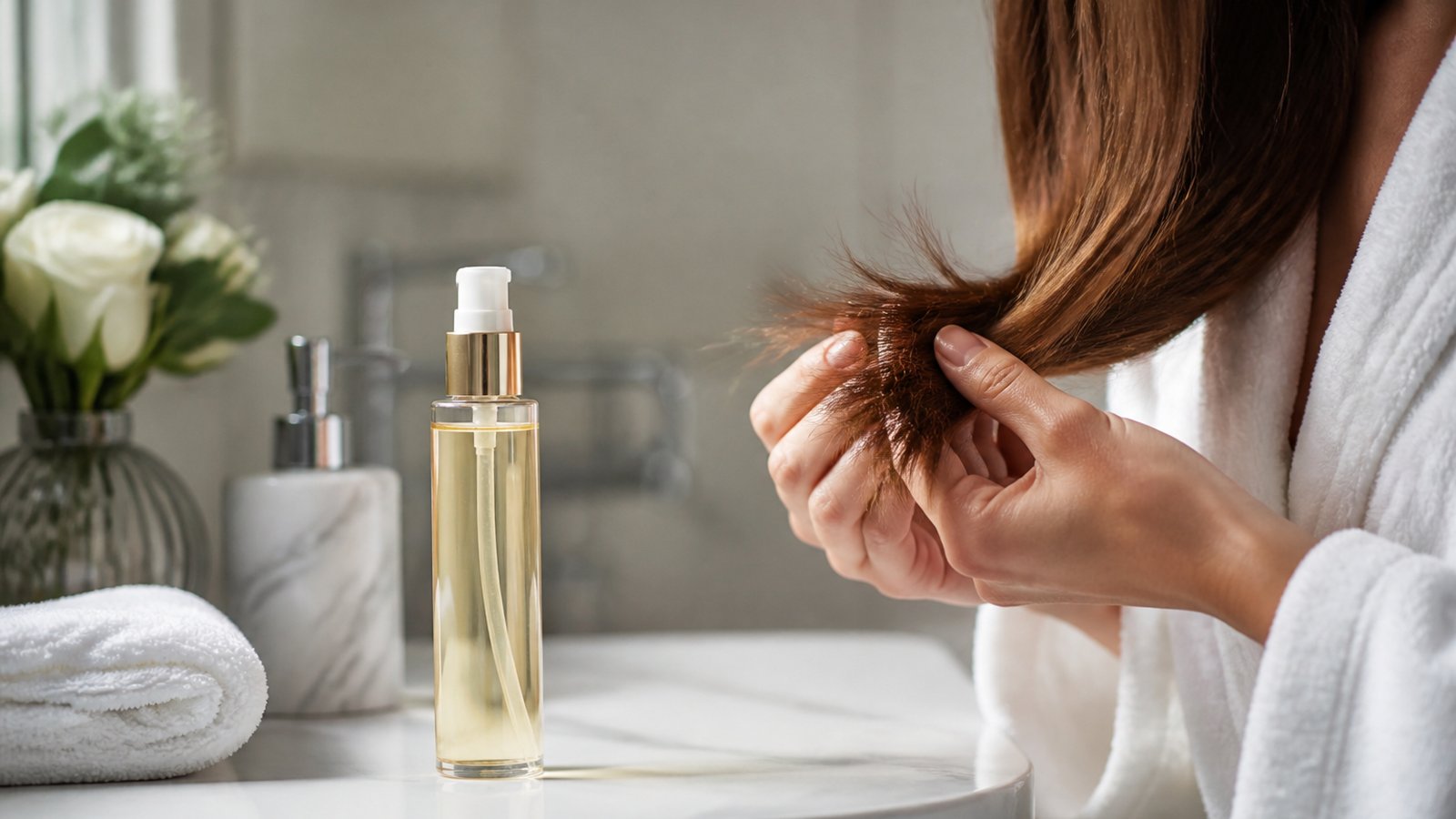 Long hair ends with leave-in serum for length between trims