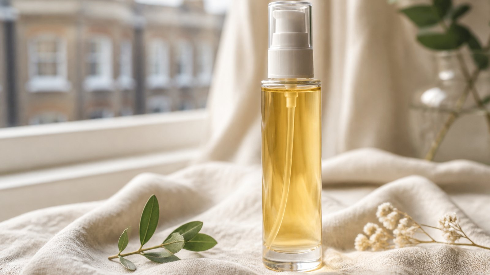 Premium pump serum bottle on light wood for UK shoppers