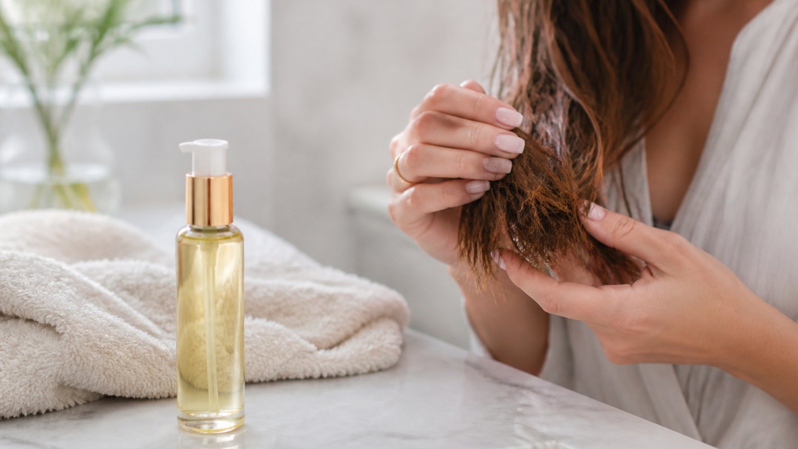 Leave-in split end repair serum beside smooth hair ends