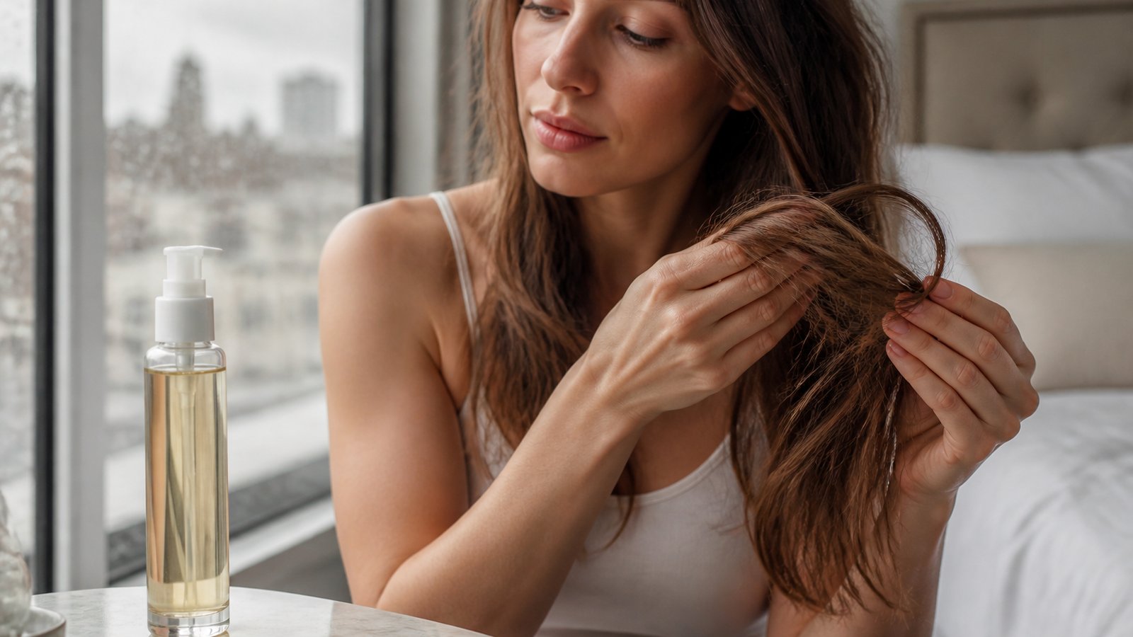 Lightweight serum bottle with humidity-prone hair ends