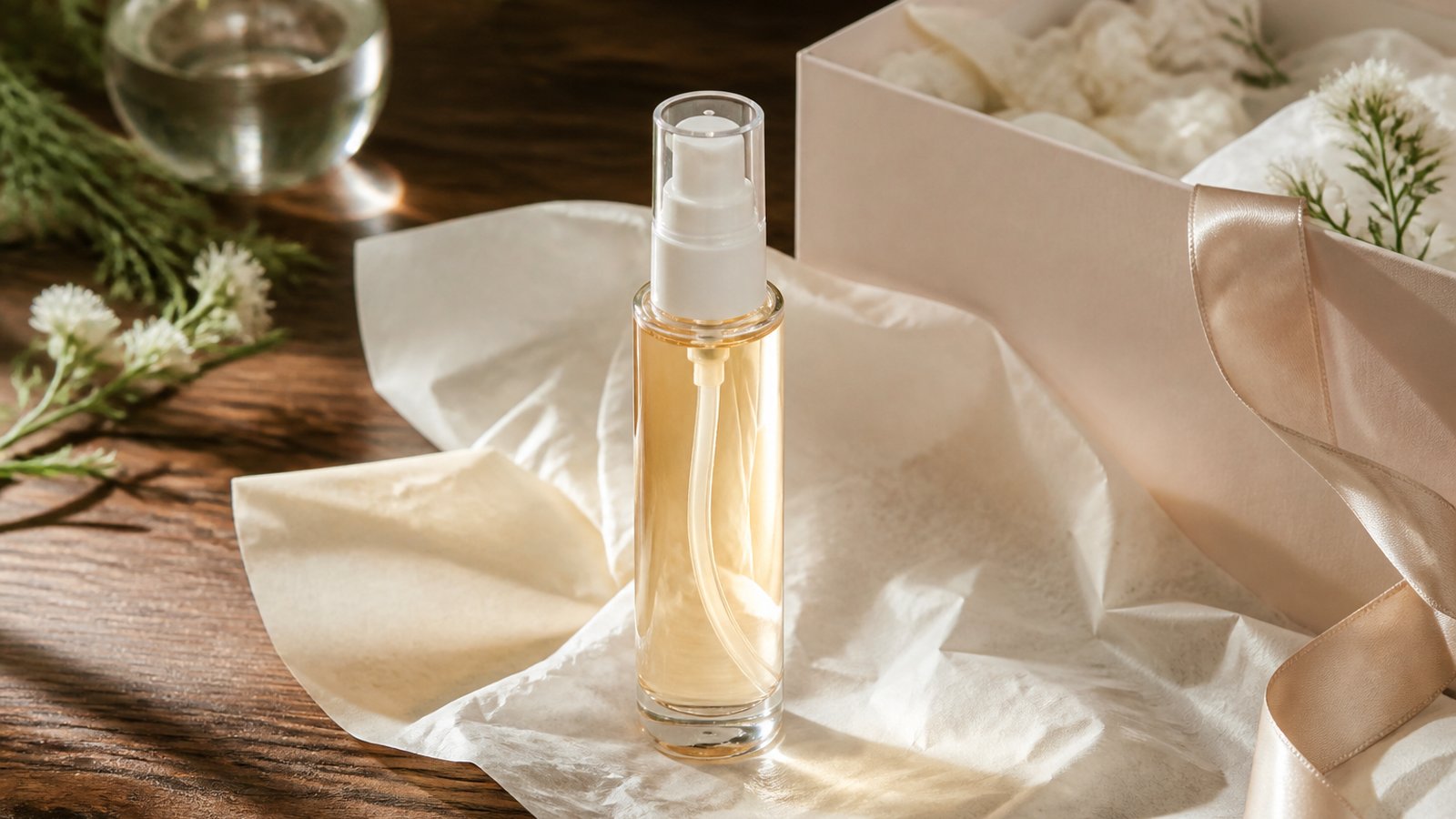Gift-ready leave-in hair serum bottle on a wooden table