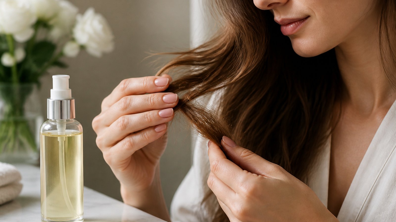 Leave-in split end repair serum beside smooth hair ends
