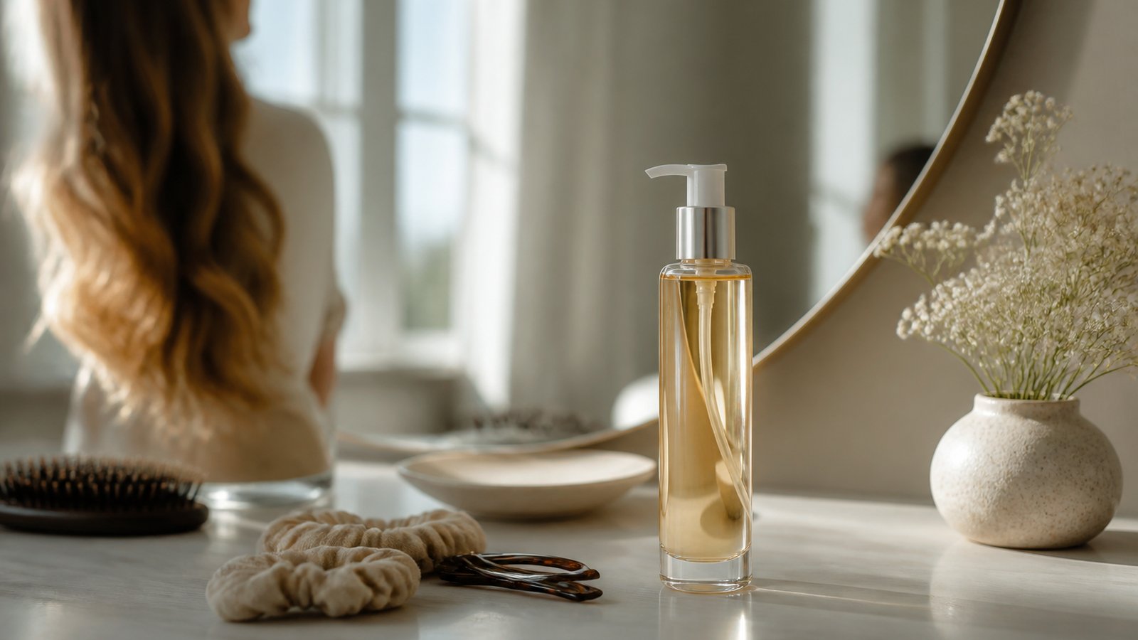 Long hair ends with leave-in serum for length between trims