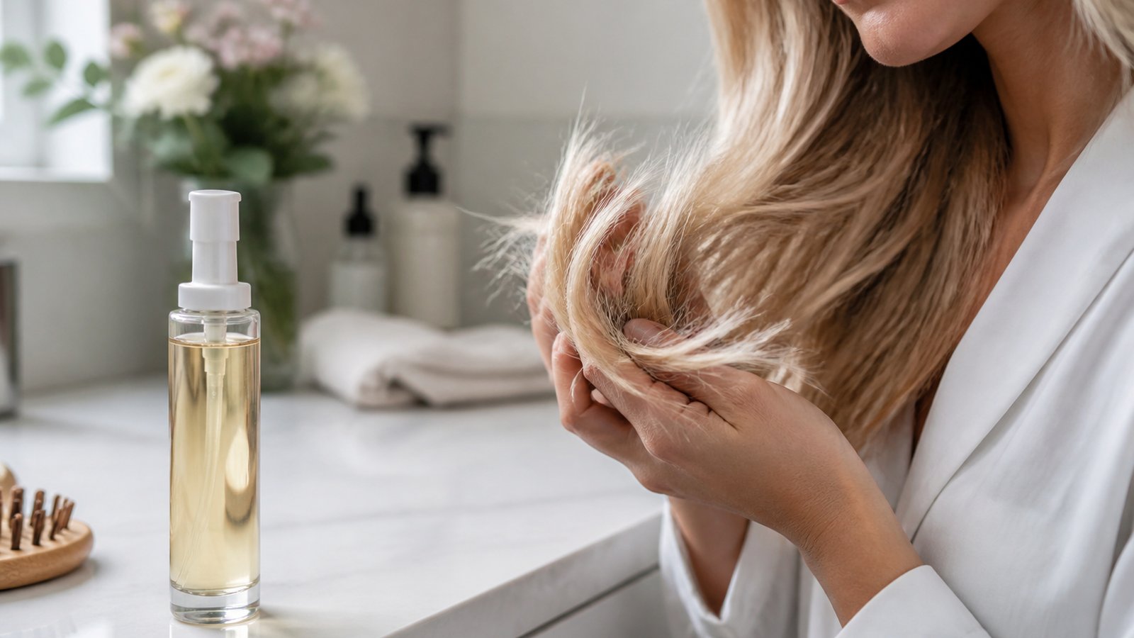 Leave-in serum near colour-treated hair ends on a vanity