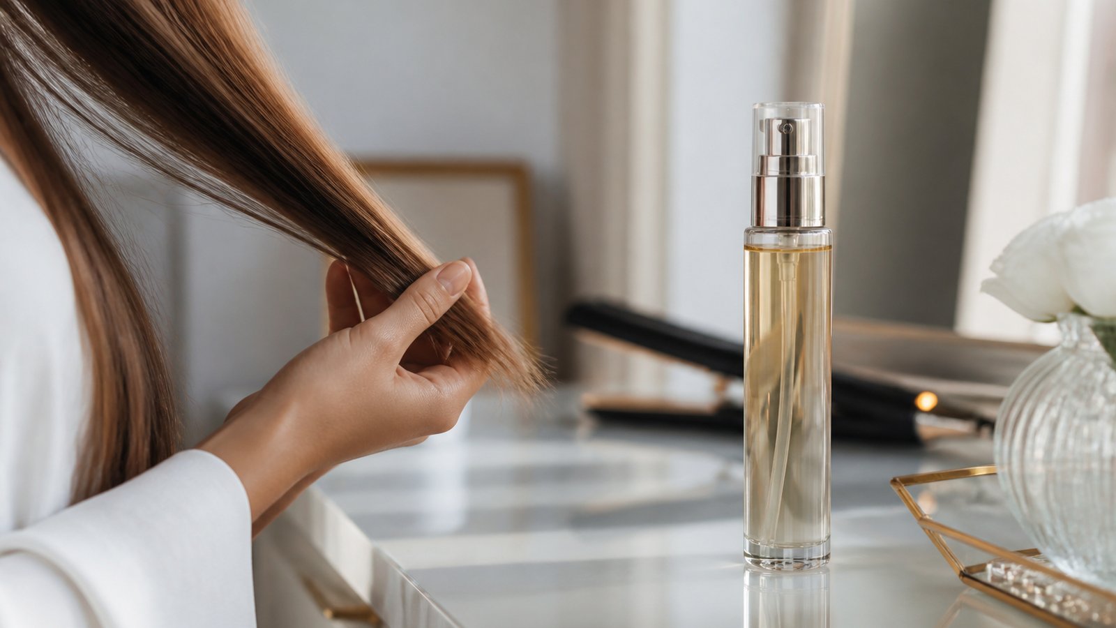 Leave-in serum on a vanity beside smoothed heat-styled ends