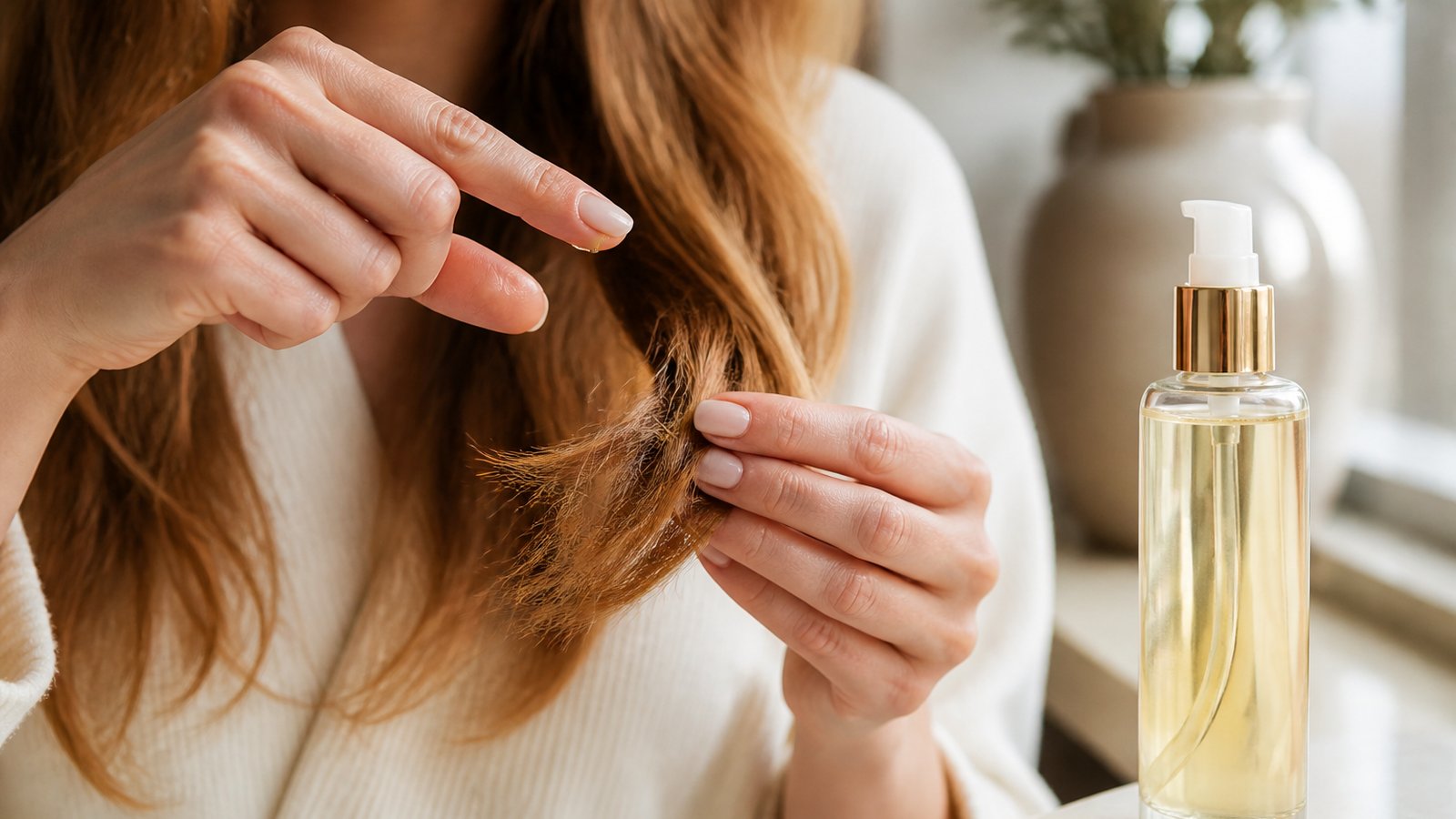 Tiny serum amount on fingertips for fine hair ends