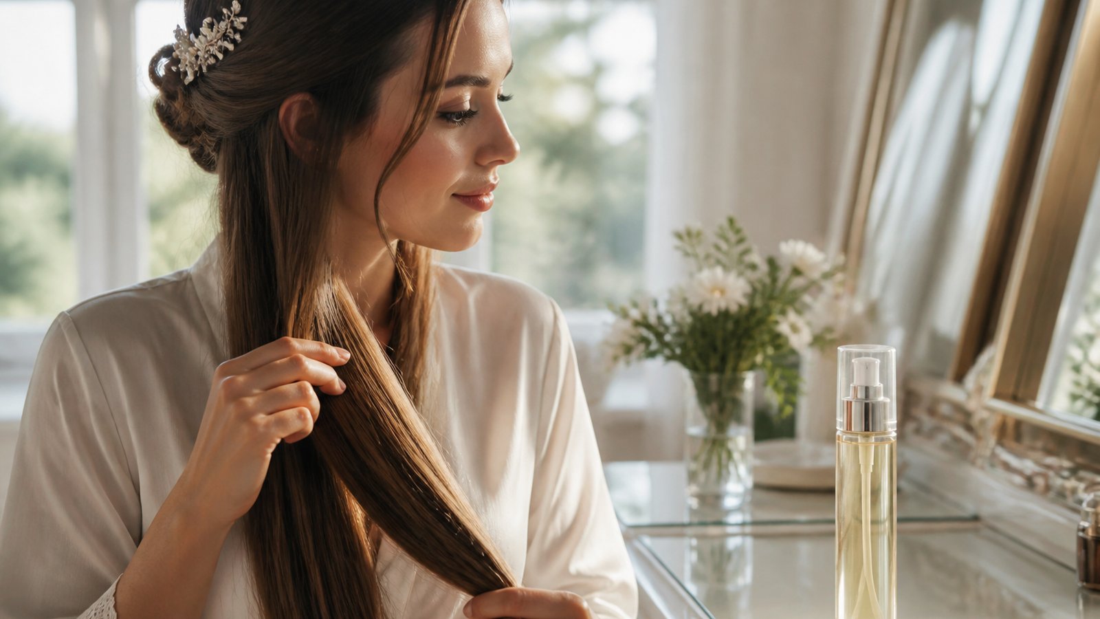 Serum bottle beside smooth long hair ends for bridal prep