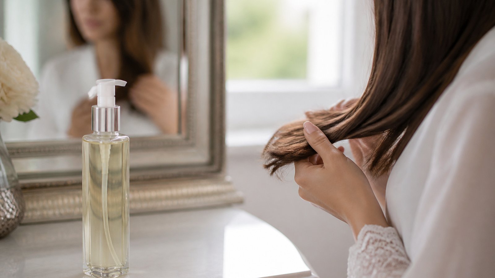 Serum bottle beside smooth long hair ends for bridal prep