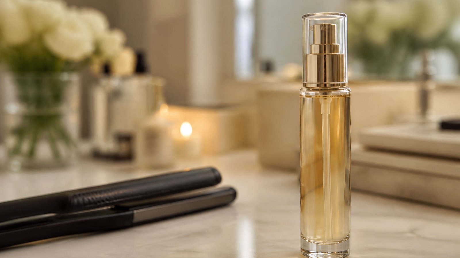 Leave-in serum on a vanity beside smoothed heat-styled ends