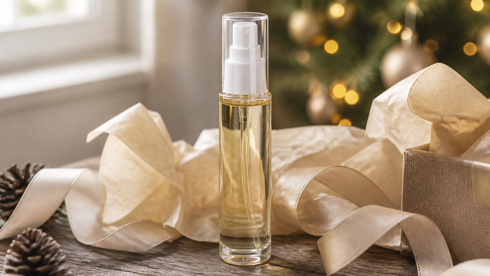 Gift-ready leave-in hair serum bottle on a wooden table