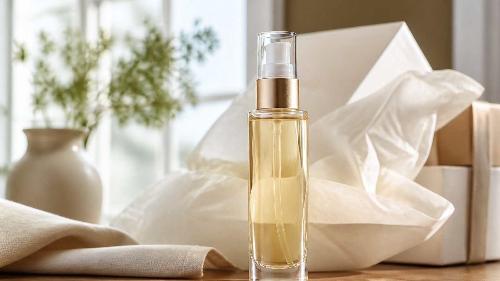 Gift-ready leave-in hair serum bottle on a wooden table