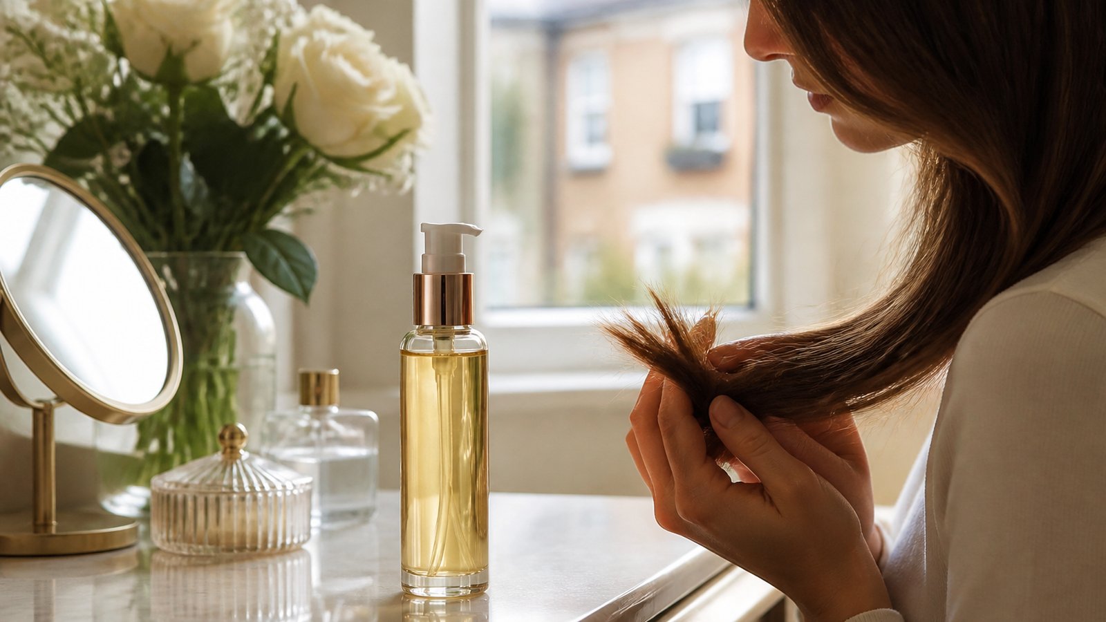 Long hair ends with leave-in serum for length between trims
