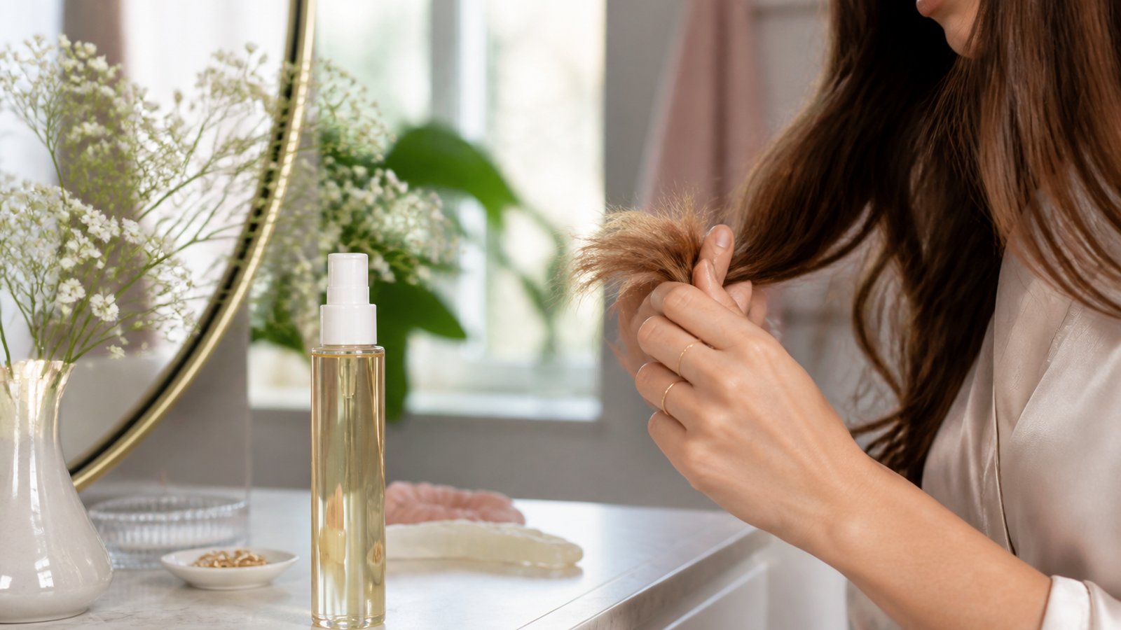 Long hair ends with leave-in serum for length between trims