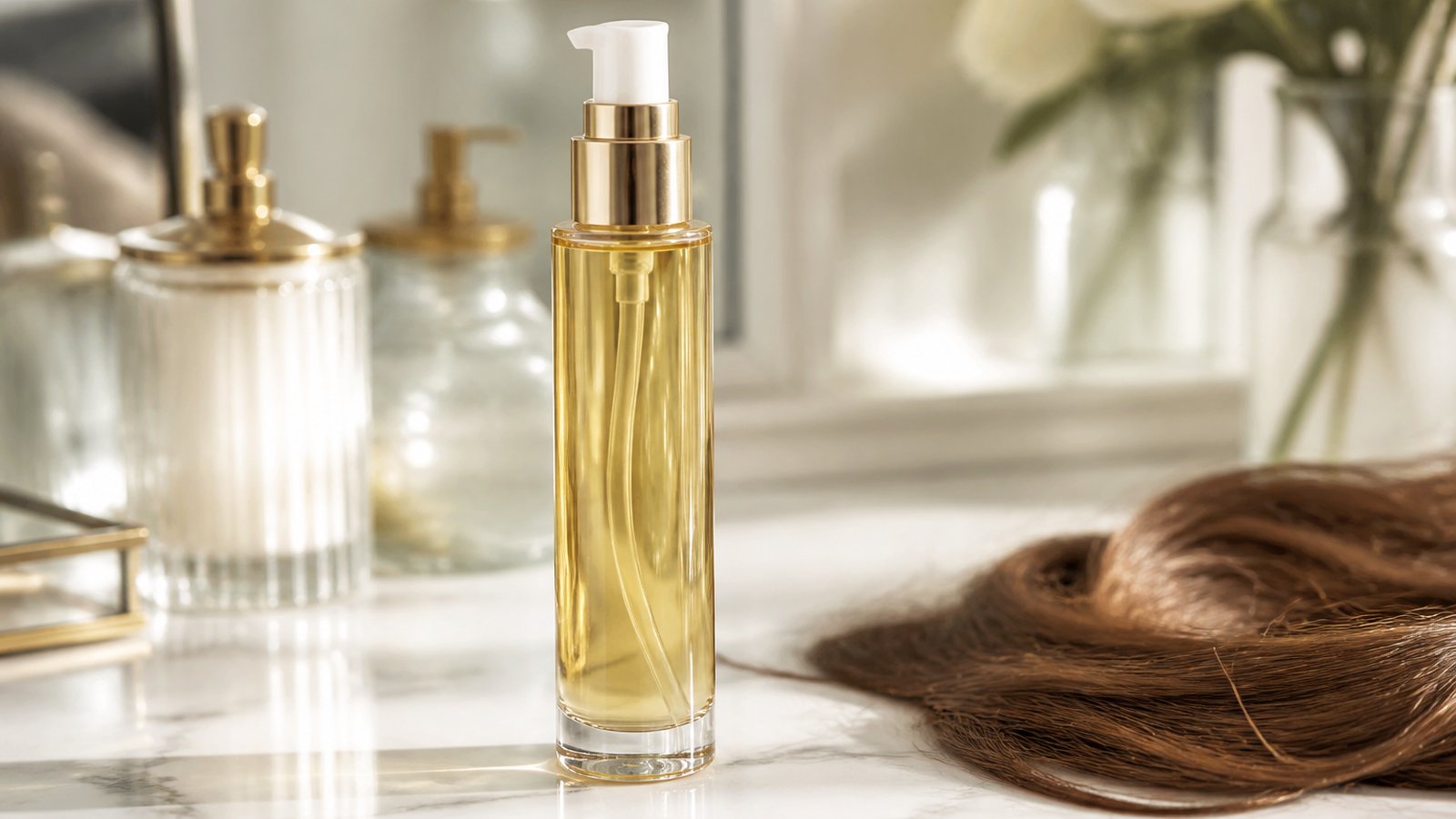 Premium pump serum bottle on light wood for UK shoppers