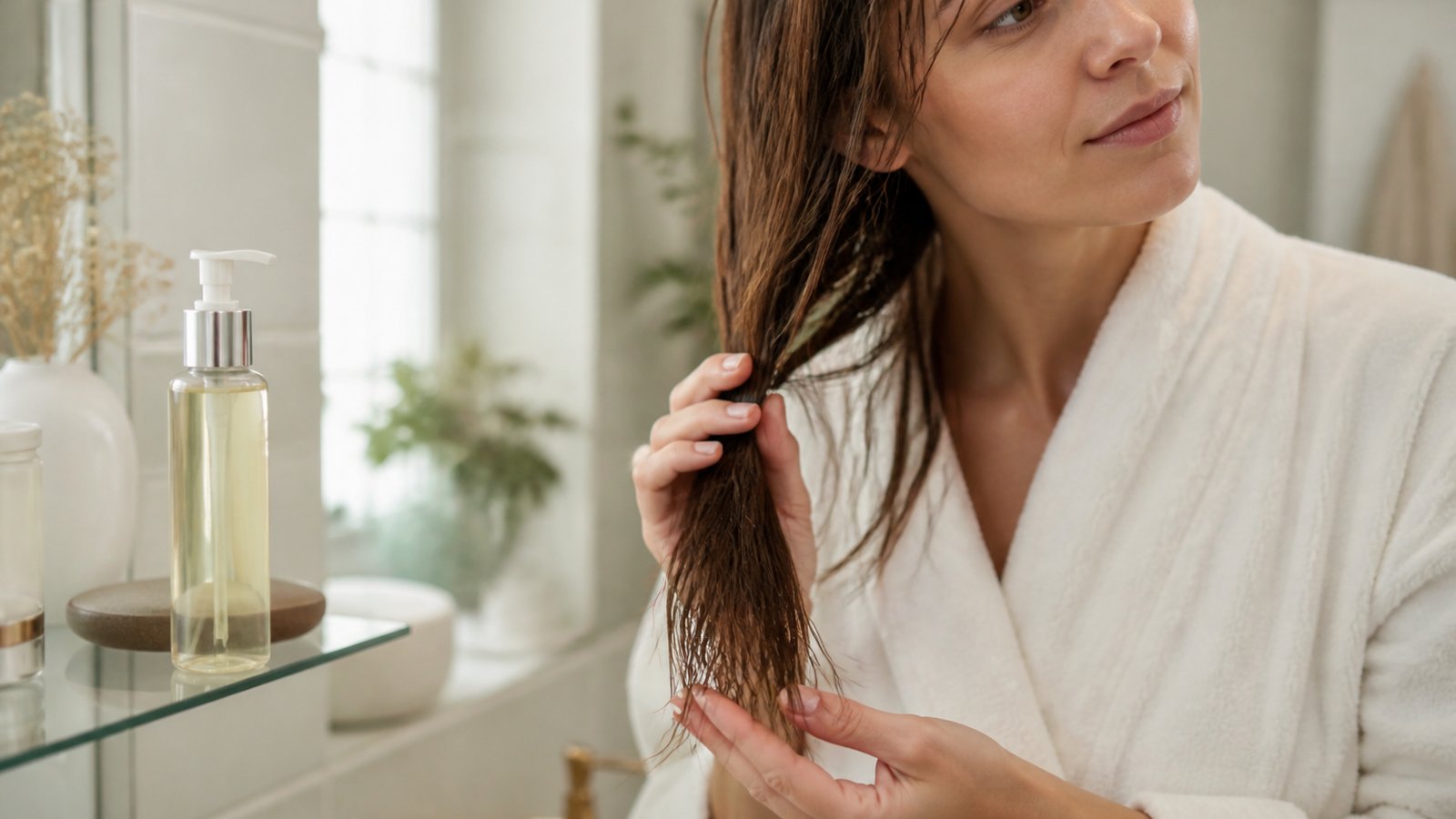 Leave-in serum worked through towel-dried hair ends