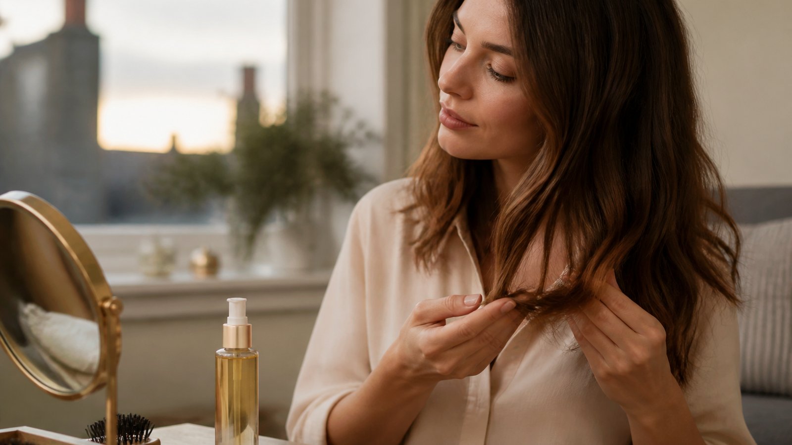 Fingertips smoothing flyaways with leave-in serum nearby