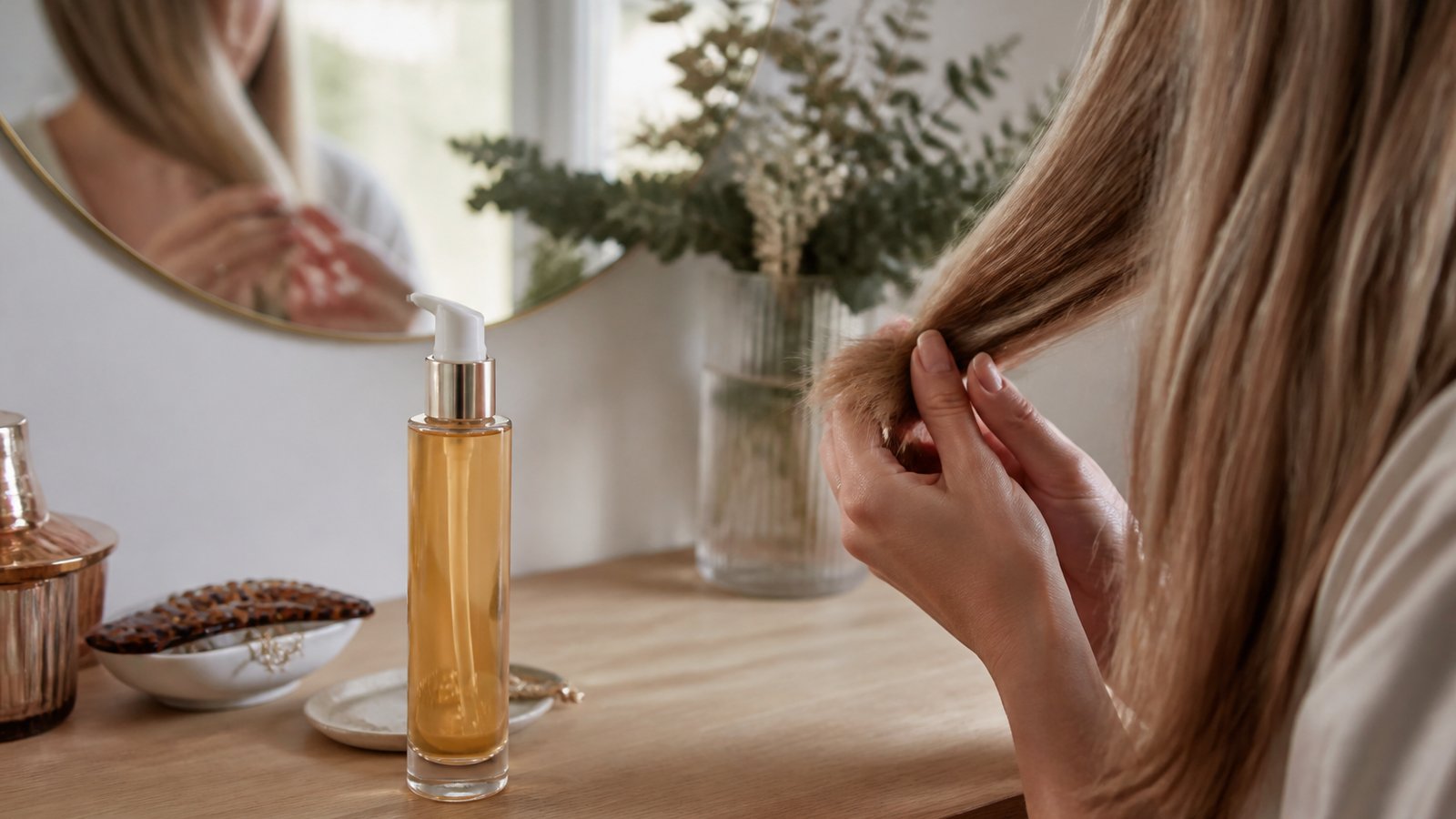 Long hair ends with leave-in serum for length between trims