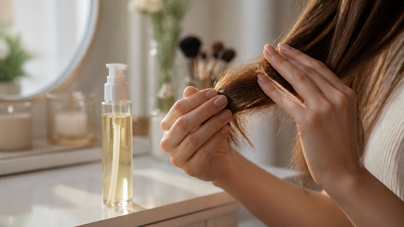 Leave-in split end repair serum beside smooth hair ends
