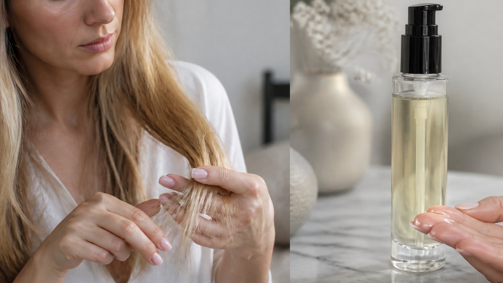 Tiny serum amount on fingertips for fine hair ends