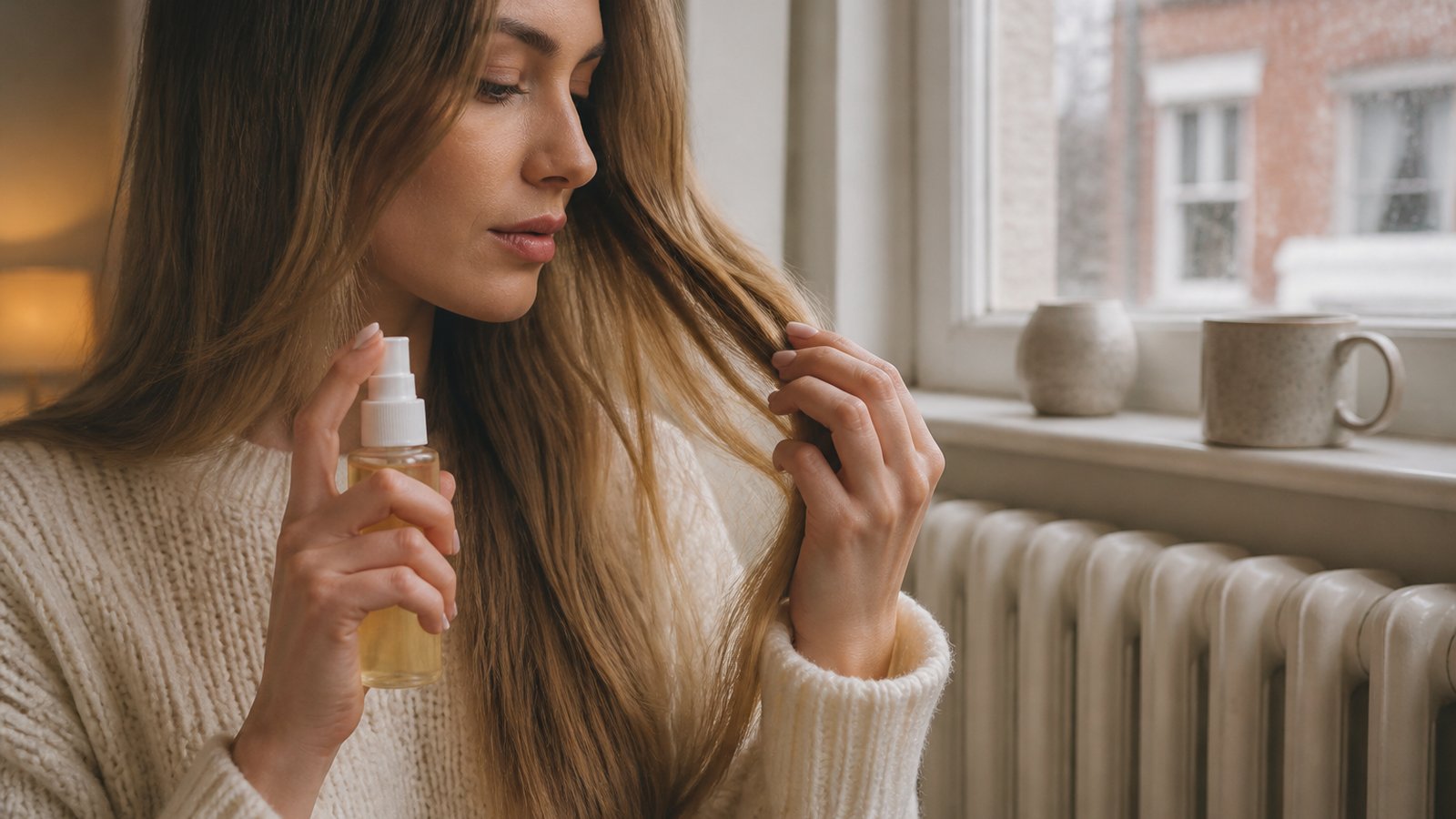 Leave-in serum on a vanity beside smoothed heat-styled ends