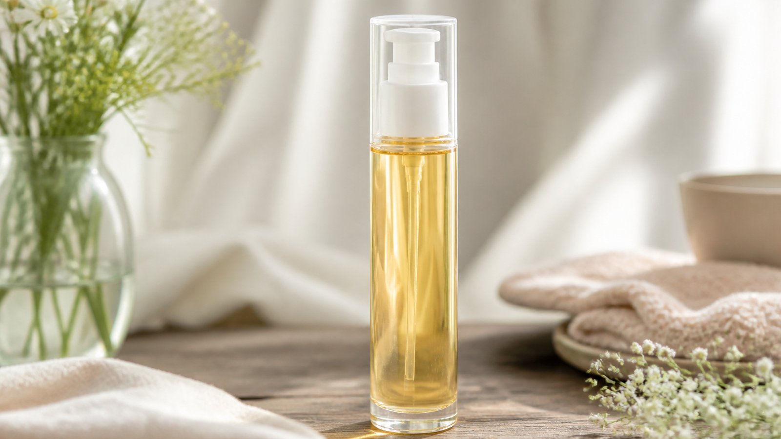 Gift-ready leave-in hair serum bottle on a wooden table
