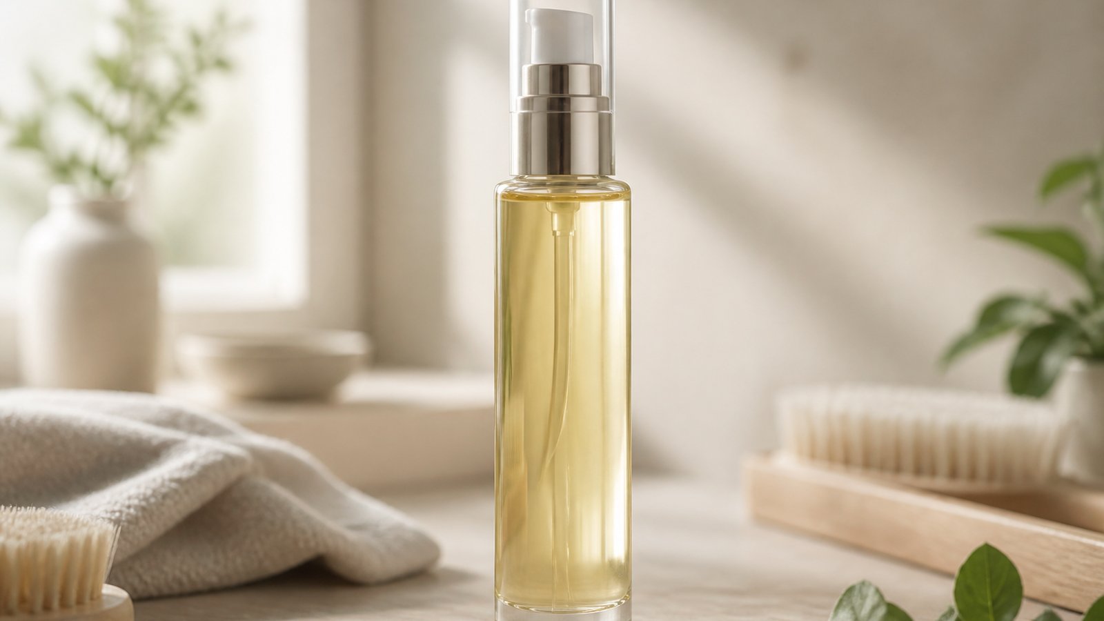 Premium pump serum bottle on light wood for UK shoppers