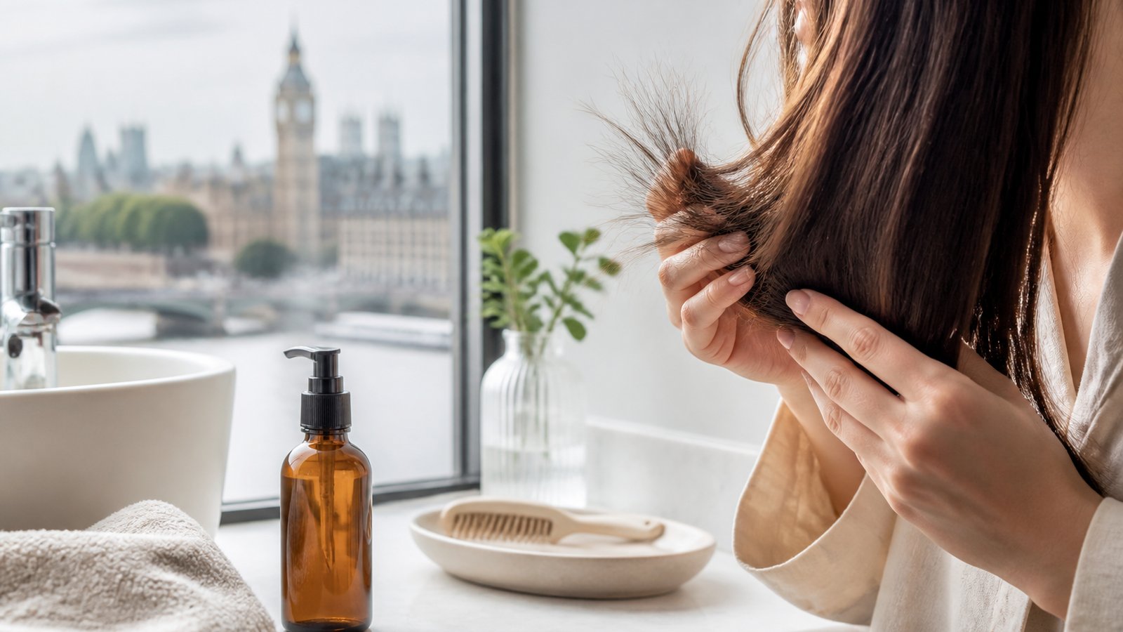 Hair serum bottle on a UK bathroom vanity after washing