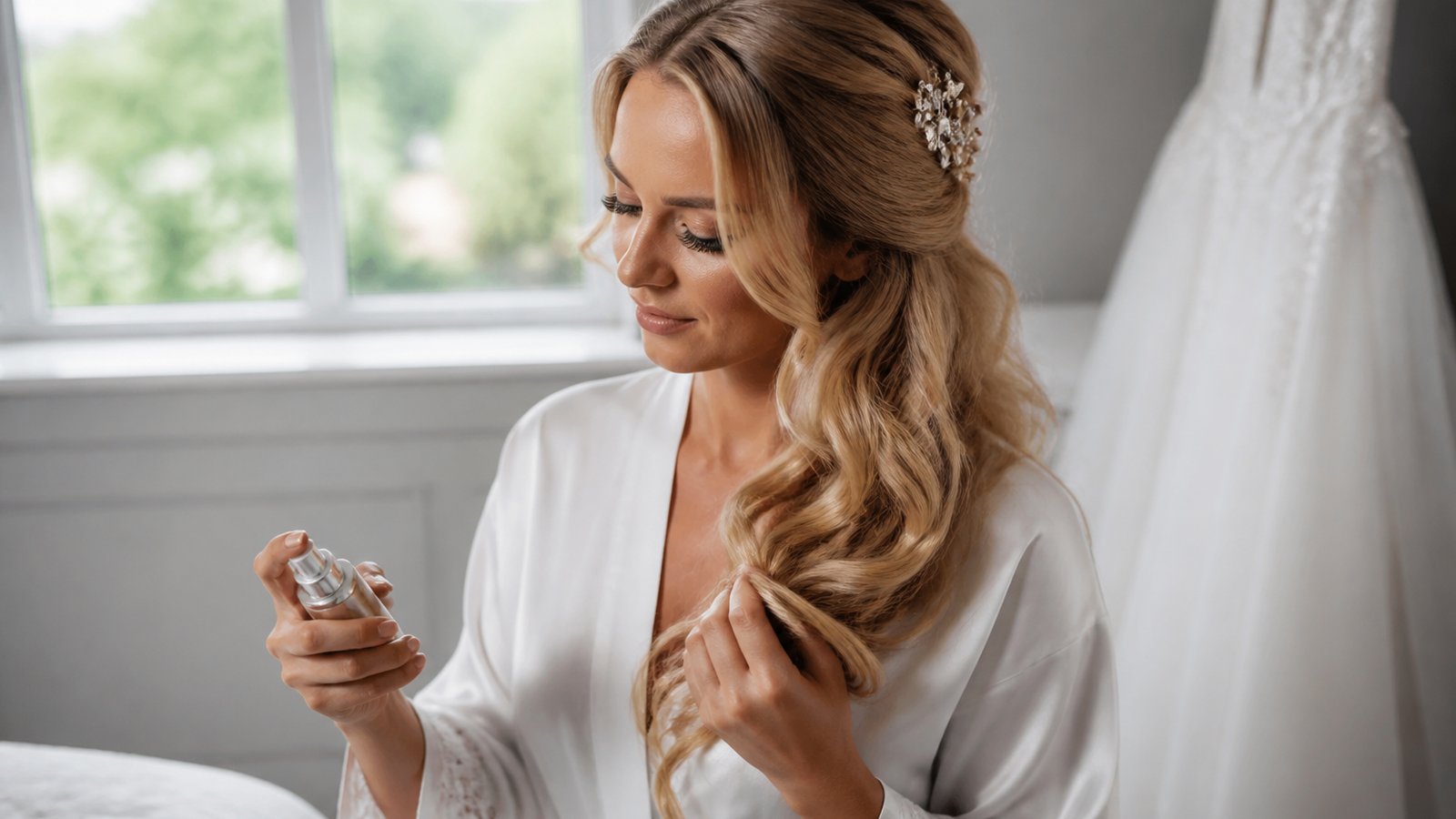 Serum bottle beside smooth long hair ends for bridal prep