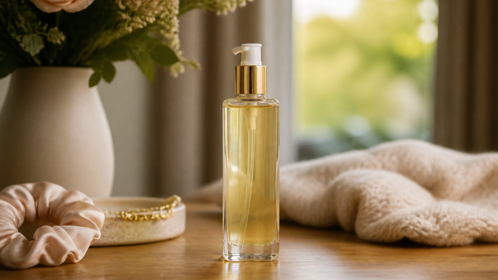 Gift-ready leave-in hair serum bottle on a wooden table