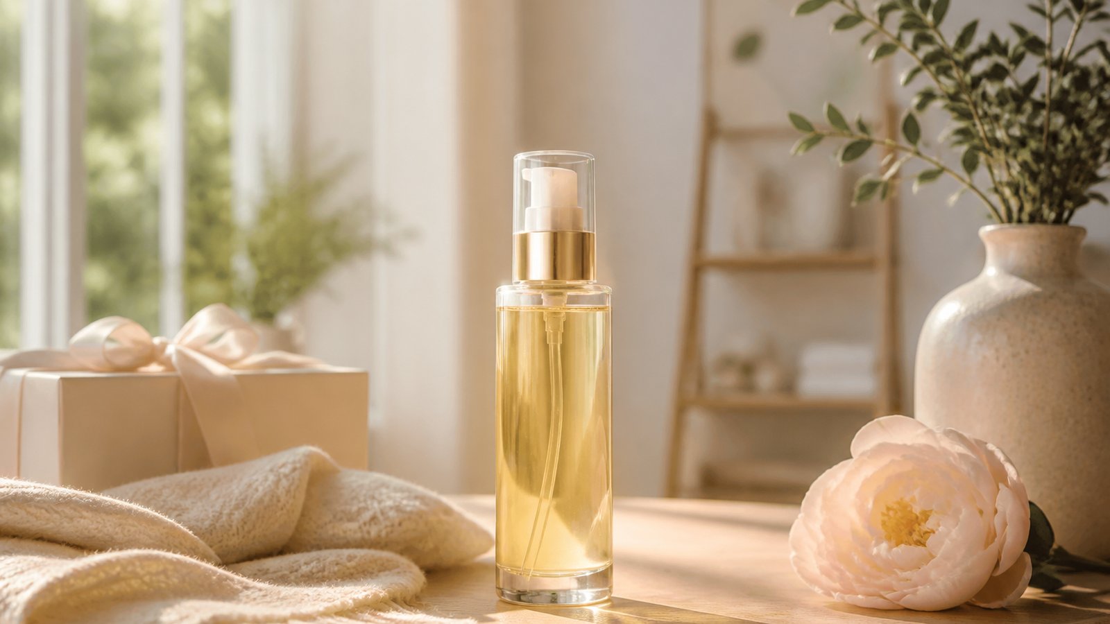 Gift-ready leave-in hair serum bottle on a wooden table