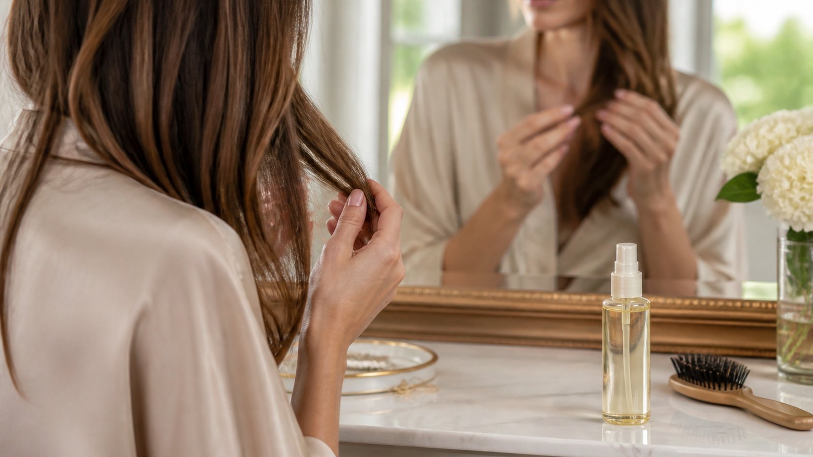 Long hair ends with leave-in serum for length between trims