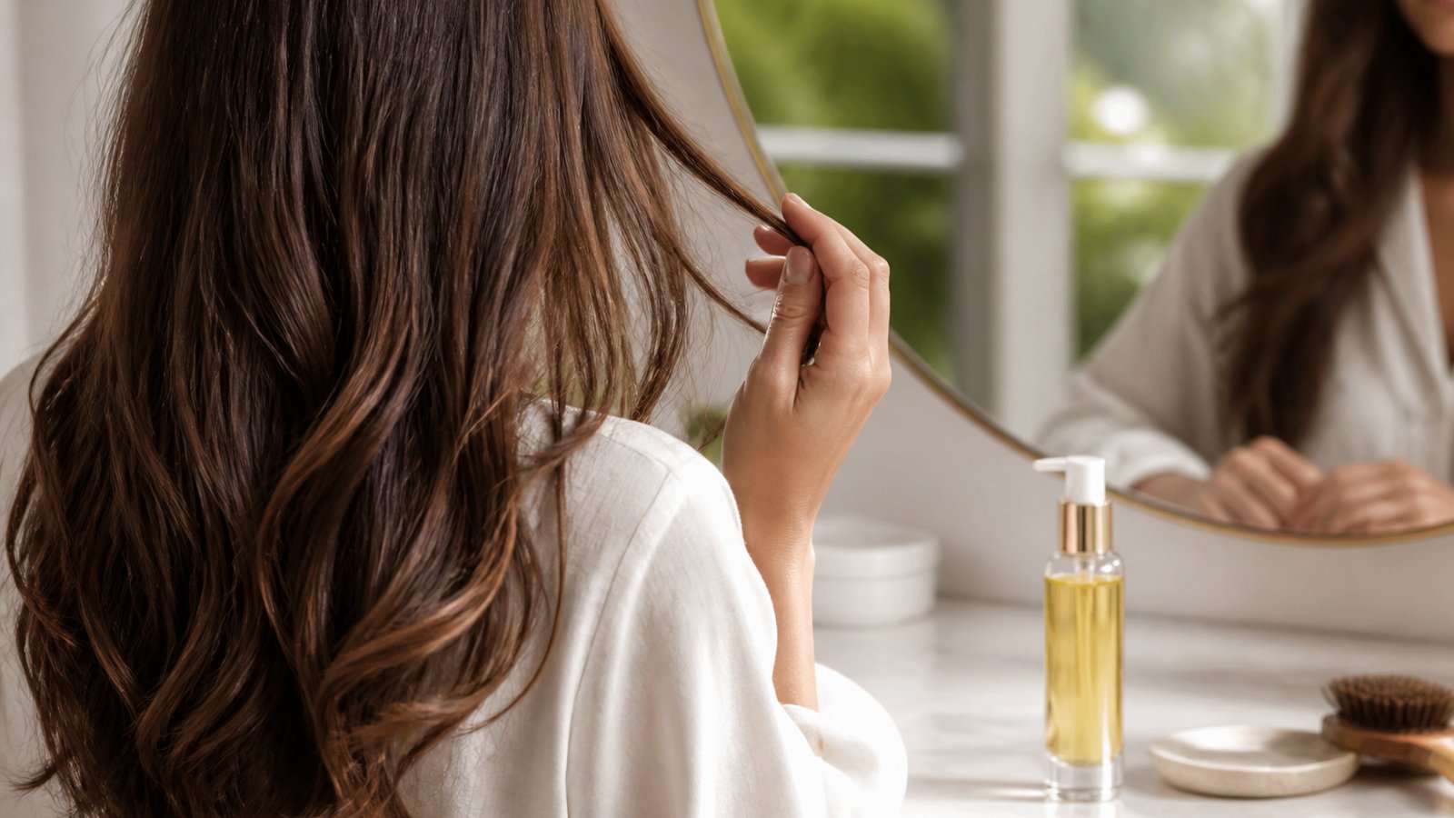 Long hair ends with leave-in serum for length between trims