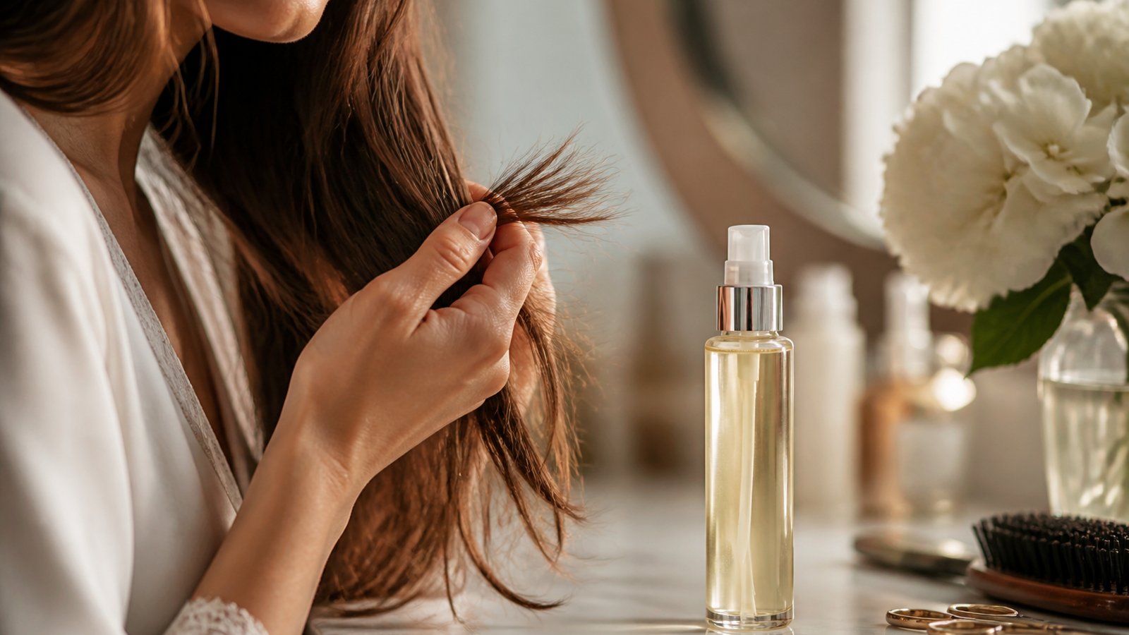 Long hair ends with leave-in serum for length between trims